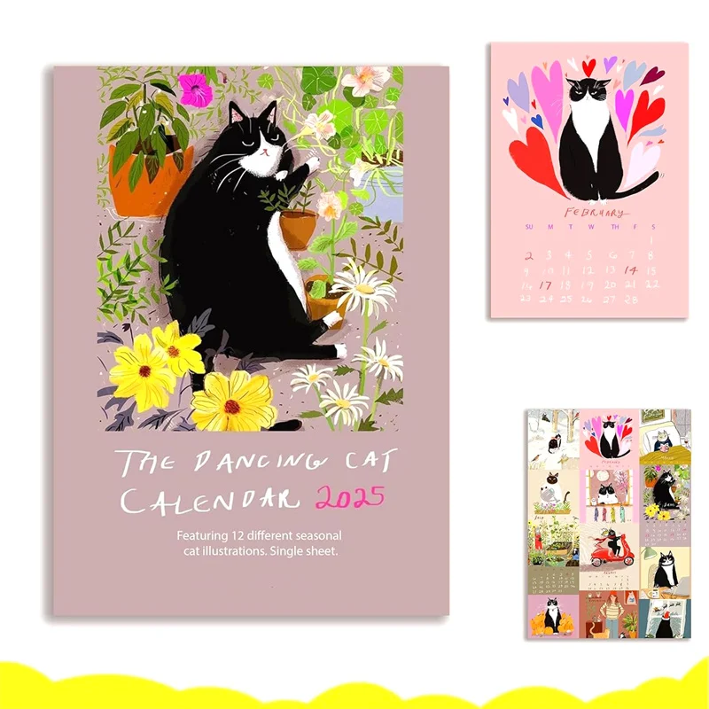 2025 Dancing Cat Calendar - 12 Different Seasonal Cat Illustrations Handmade Moon Phase Dancing Cat Wall Calendar Monthly