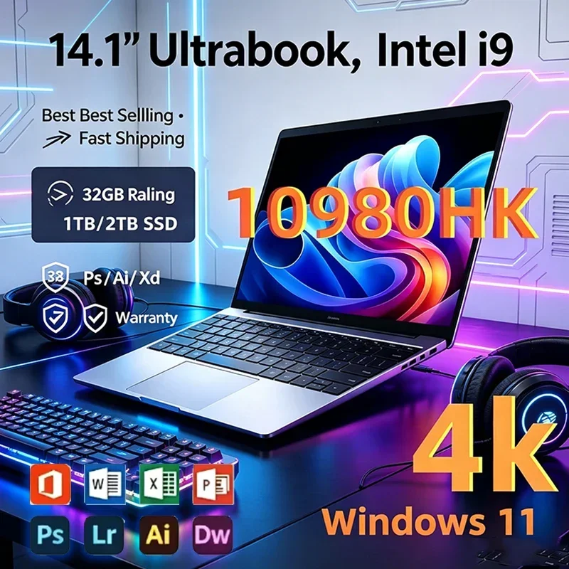 Ultra Slim 14.1" Laptop 16GB RAM 2TB SSD Intel i9 10980HK Gaming PC 1920*1080 Display Office Study Computer PC Windows11 Pro