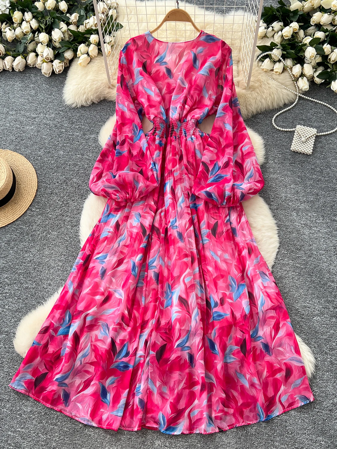 E Vestido con Cuello en V y Mangas Farol, Estampado Floral, Falda Larga, Estilo Coreano, Cintura Alta, Línea A, Vestid...