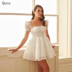 Qanz-vestidos de novia cortos con lentejuelas de cristal para mujer, mangas abullonadas con apliques, vestidos de fiesta de princesa, vestido elegante de lujo