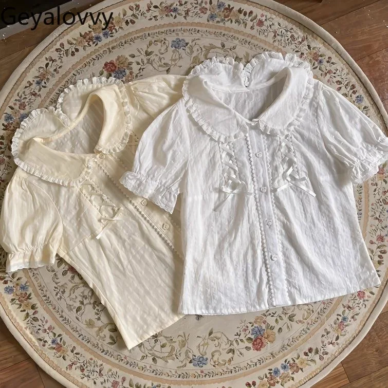 

Lolita Summer Original New Doll Collar Blouse Solid Color Cute Sweet Bubble Short Sleeve Shirt JK Versatile Women's Tops