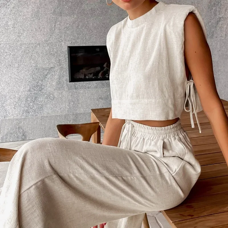 Ladies Cotton Linen Pants Sets Women Summer 2 Piece Lace-Up Crop Tops Vacation Elastic Waist LooseTops Long Pants Suits Female