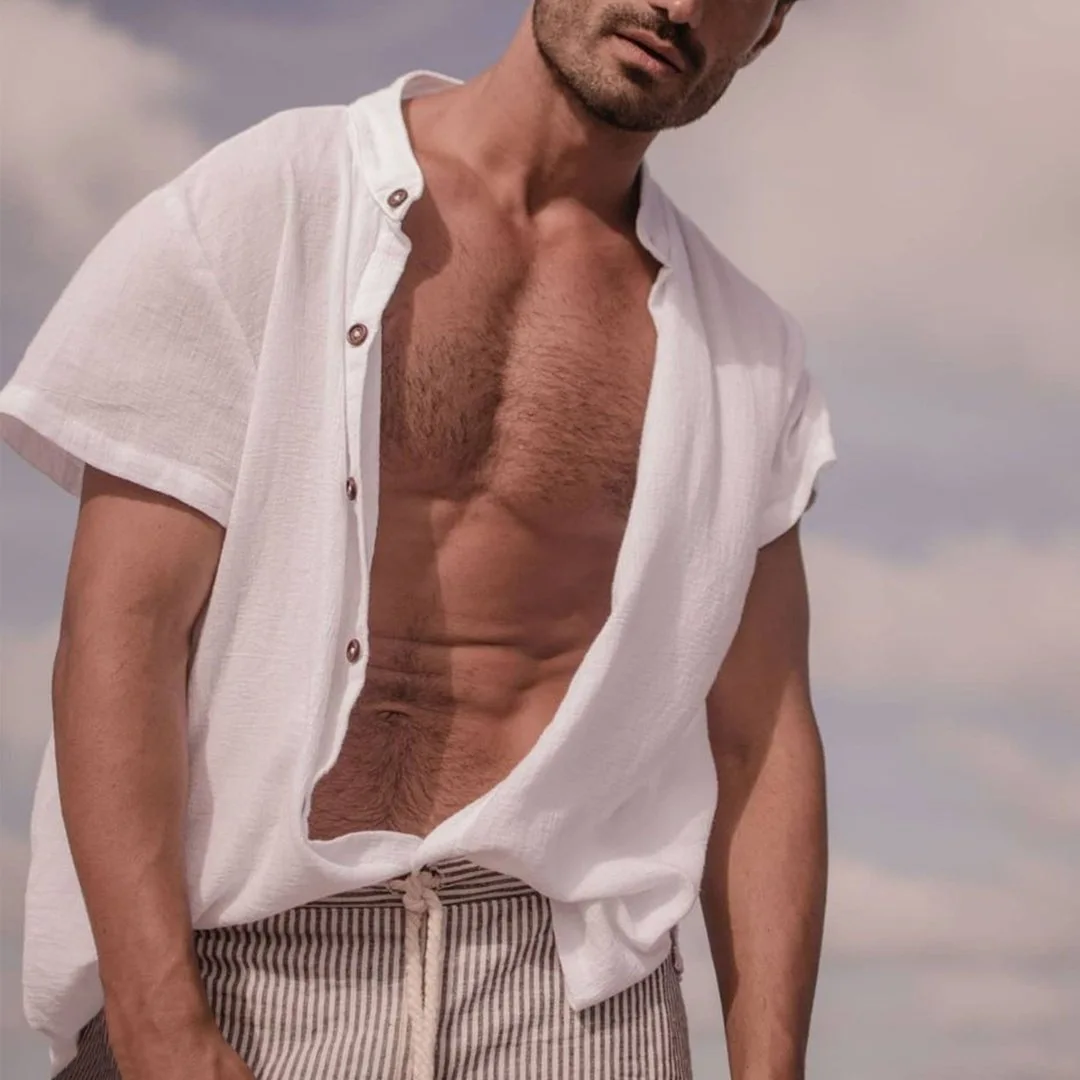 Summer Simple Cotton And Linen Solid Color Simple Shirt Stand-up Collar Short Sleeve Loose Men's Shirt