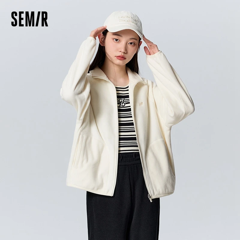 Semir Coat Women Winter Stand Collar Loose Versatile Casual Style Raglan Sleeve Polar Fleece Simple Jacket