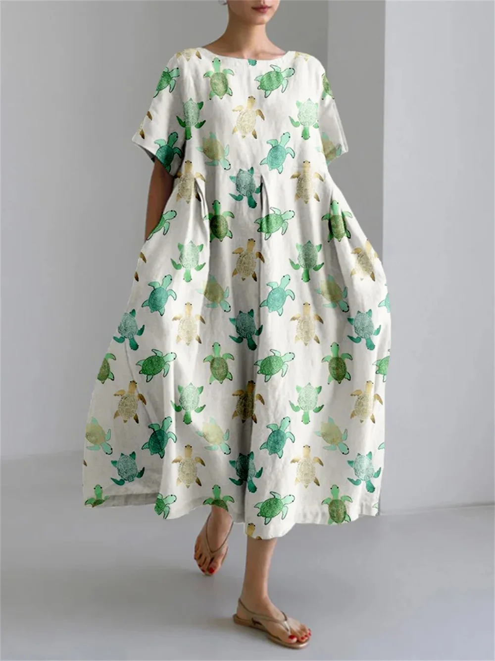 

Ladies loose crew neck pocket dress 2025 New skirt Little Turtle 3d printed short sleeve long skirt casual fashion beach dress