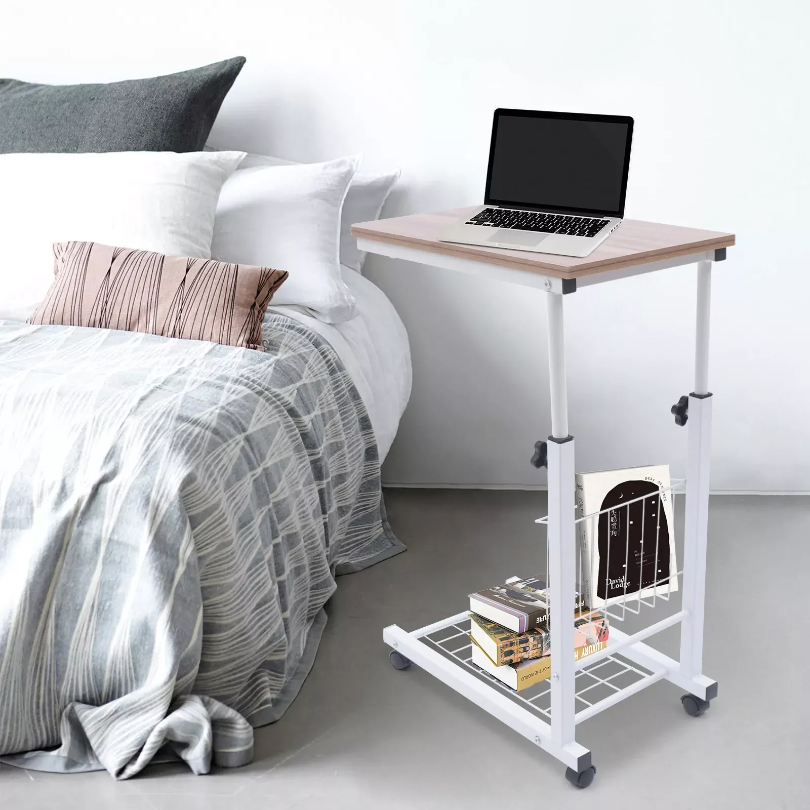 Bed Side Table Hospital Overbed Rolling Tray Adjustable Bedside Working Desk Sofa Side Desk for small apartments and dormitories