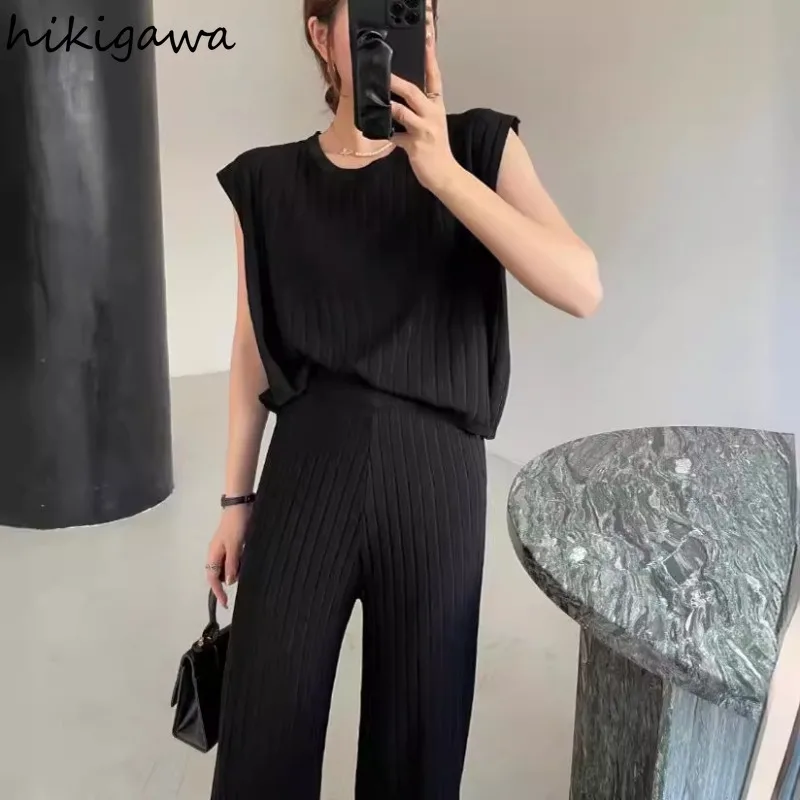 2 Piece Sets Knitting Women's Clothing Fashion Simple Outftis O-neck Sleeveless Tops Straight High Waist Wide Leg Pants Suit