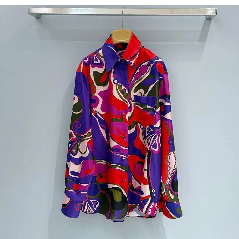 Spring Summer Fashion Vintage Pattern Print Silk Casual Blouses Women's Turn-down Collar Single Breasted Long Sleeve Shirt