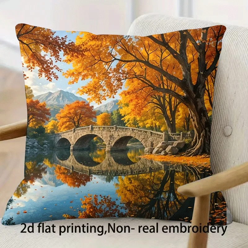 1pc 2D Flat Pillow Not Included Autumn Bridge Reflection Landscape Cushion Cover Short Plush Nature Scenery Decor Gift Case