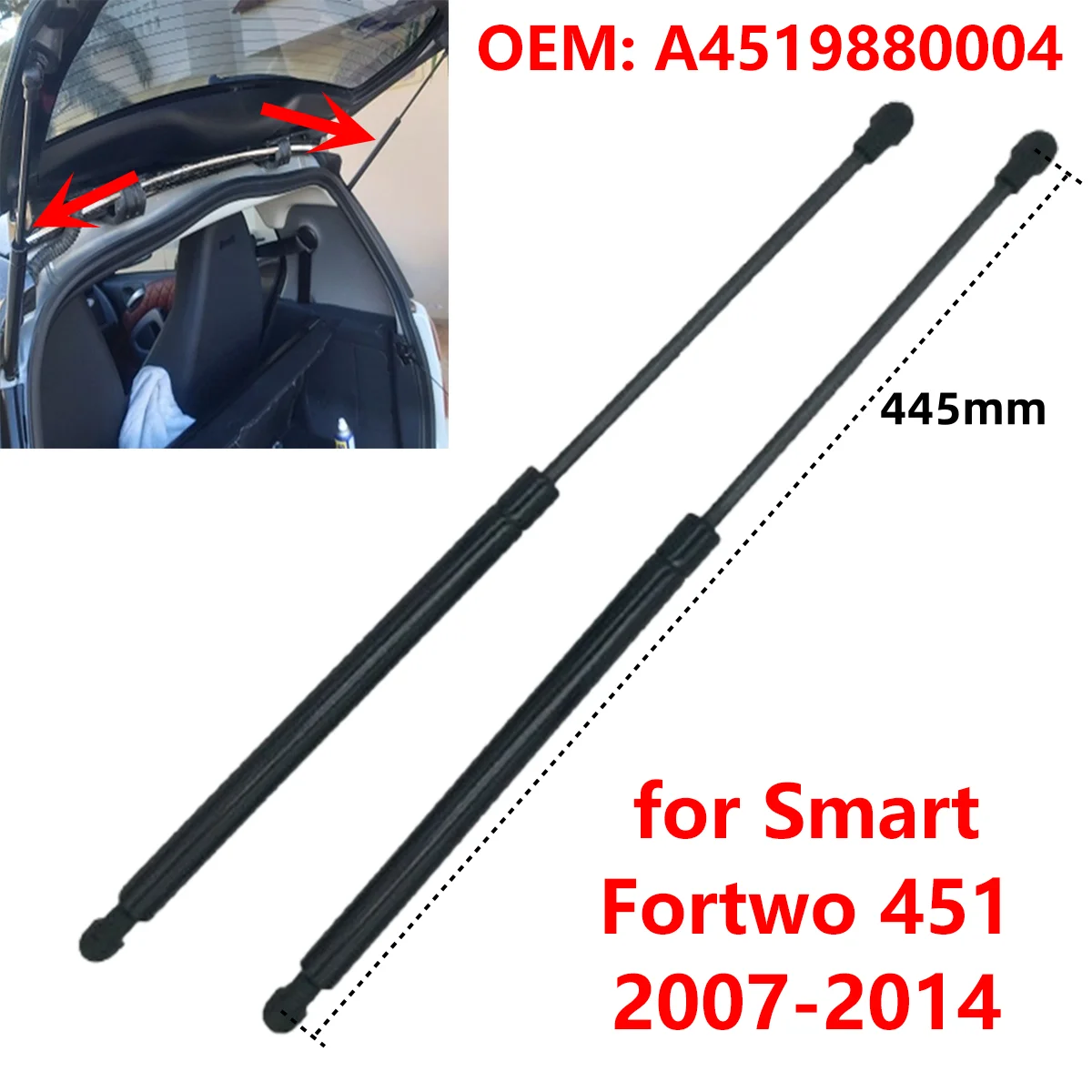 2Pcs Car Rear Trunk Tailgate Boot Gas Strut Lift Support Rod Hydraulic Damper A4519880004 for Smart Fortwo 451 Coupe 2007-2014