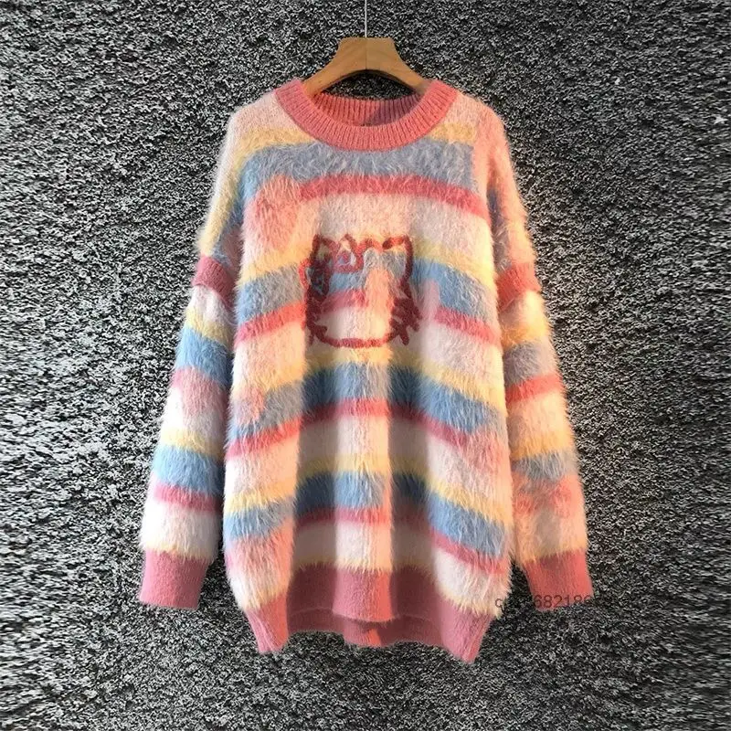 Sanrio Hello Kitty Korean Style Striped Soft Sweater Imitation Mink Round Neck Knitted Sweater Women\'s Autumn Cute Jacquard Coat