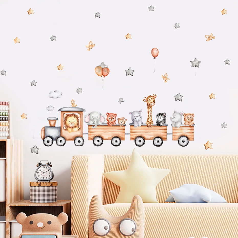 Cartoon Train With Jungle Animals Wall Stickers Children Nursery Vinyl Wall Decal Mural Kids Baby Room Interior Home Decor