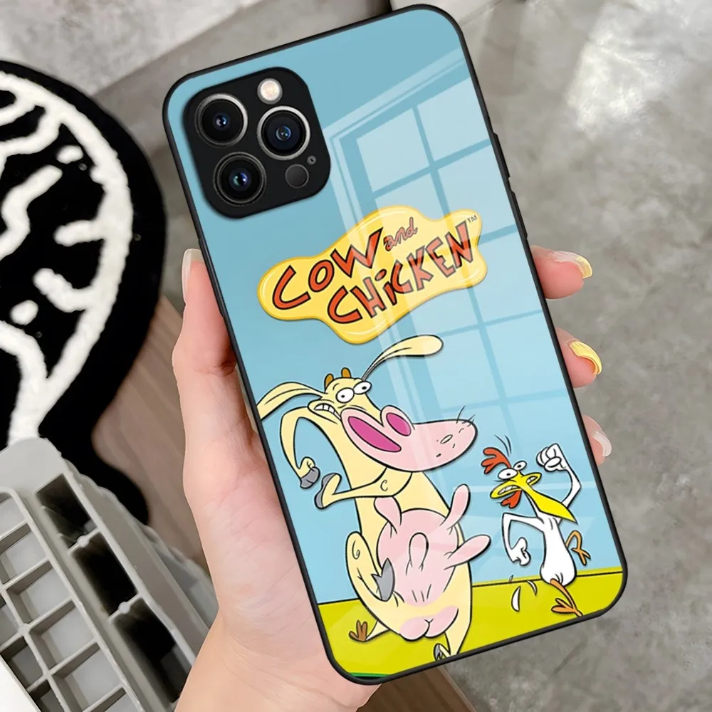 Cow and Chicken Phone Case for iPhone 15 Pro 14 13 12 11 Mini X XS XR Max 6 8 Plus SE 2020 Glass Design Cove