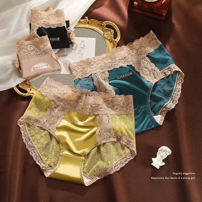

Sexy Silky Lace Femme Lingerie Seamless Butt-up Underwear Middle Waist Plus Size Women Panties Abdomen Breathable Print Briefs