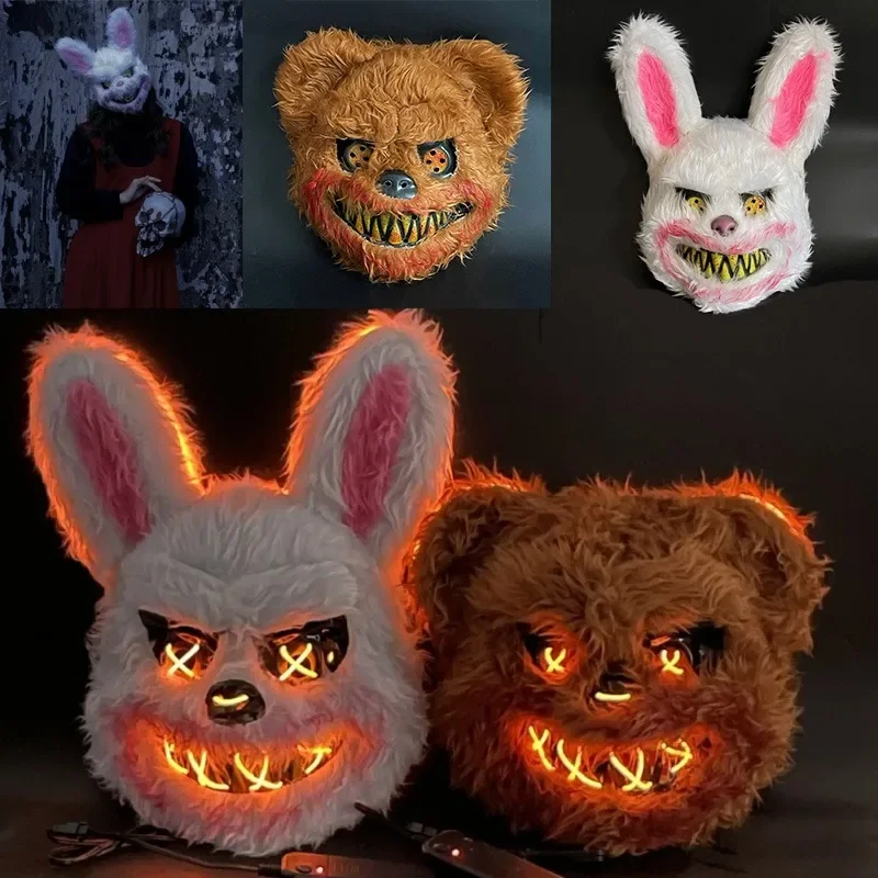 

Glowing Animal Mask Halloween Horror Bloody Rabbit Bear Decoration Props Unisex Simulate Fur Mask Cosplay Costume Party Gifts