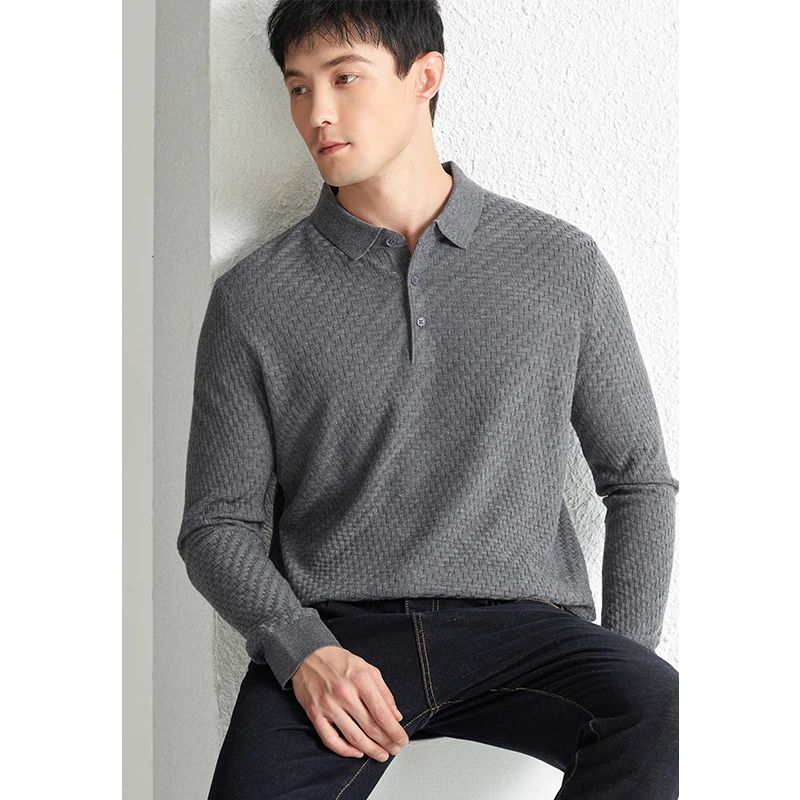 

High Quality Silk Cashmere Polos for Man Autumn Casual Long Sleeve Jumper Male Turn Down Collar Knitwear Pullover Shirts