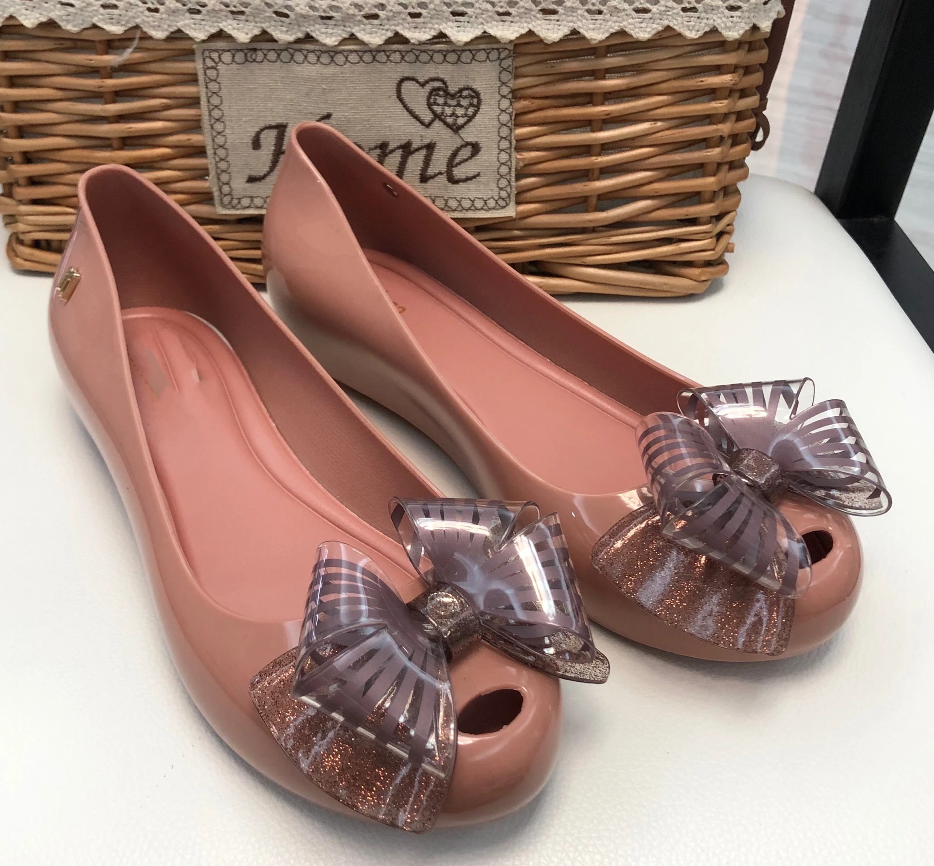 Mini Melissa New Spring Jelly Shoes Women Fashion Square Head Flat Bow bun Ladies Single Shoe Classical Cover Feet Grandma Shoes