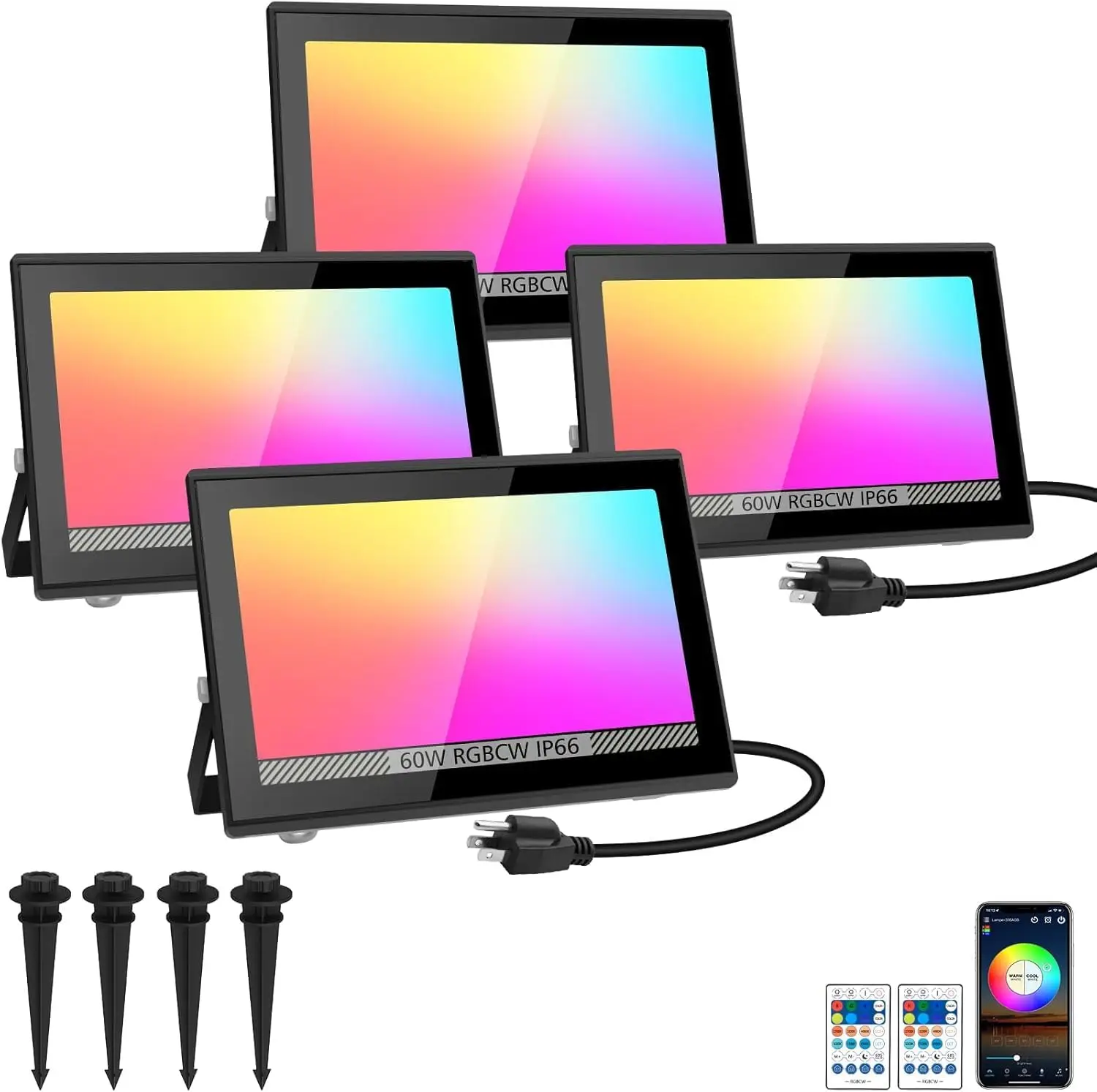 

60W Outdoor Waterproof RGBW Smart Floodlight with Music Sync & Timer, 16M Colors, US Plug (4 Pack)