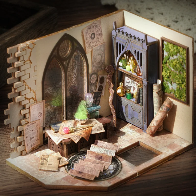 OUZEY Wizard's Den Bookend DIY، منزل صوفي خشبي ثلاثي الأبعاد، حرفة إملائية عتيقة للمراهقين