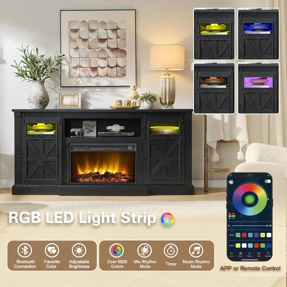 Centro de entretenimiento con chimenea eléctrica para televisores de 80 pulgadas, mesa consola de TV LED estilo granja de 32 altos