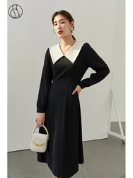 DUSHU French V-neck Contrast Color Stitching Dress Women Autumn 2022 Slim Temperament Elegant Back Big Bowknot Female Midi Skirt