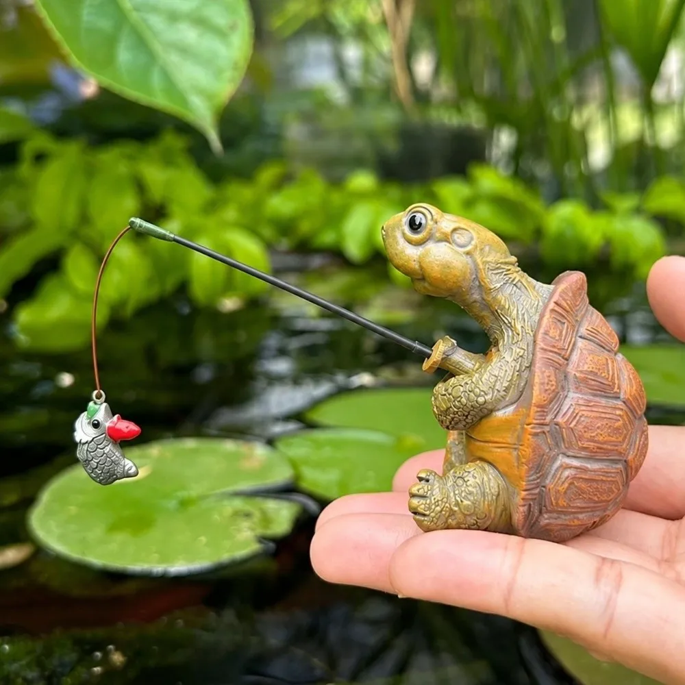 Rope Fishing Turtle Statue Resin Craft Animal Sculpture Fish Tank Ornament Small Flower Pot Decor Simulation Turtle Figurine