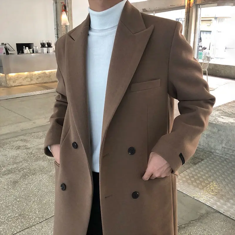 

2022 Men's Autumn Mid Length Woolen Coat New Korean Style Thickned Overcoat Long Sleeve Double Breasted Wool Jackets Q164