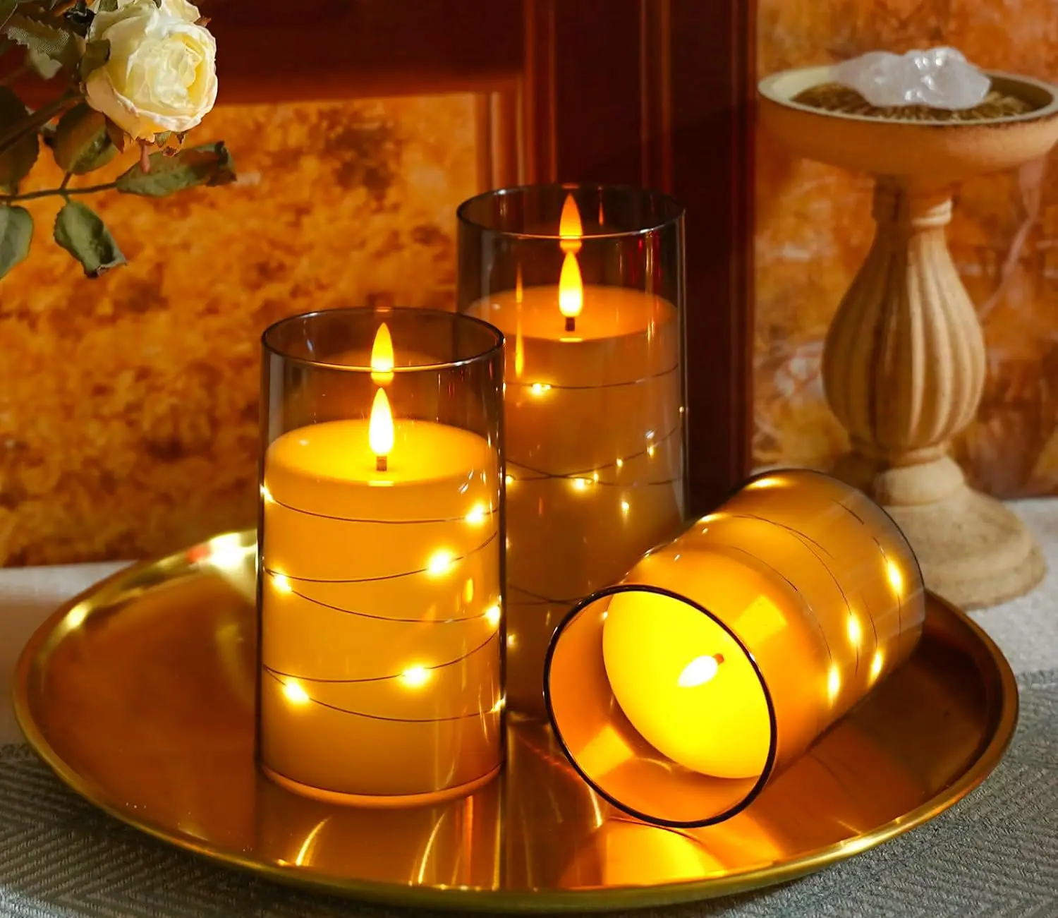 Flameless LED Candles w/Remote 3D Flickering Candle f/Romantic Ambiance Home Decoration Acrylic Shell  with Embedded Star String