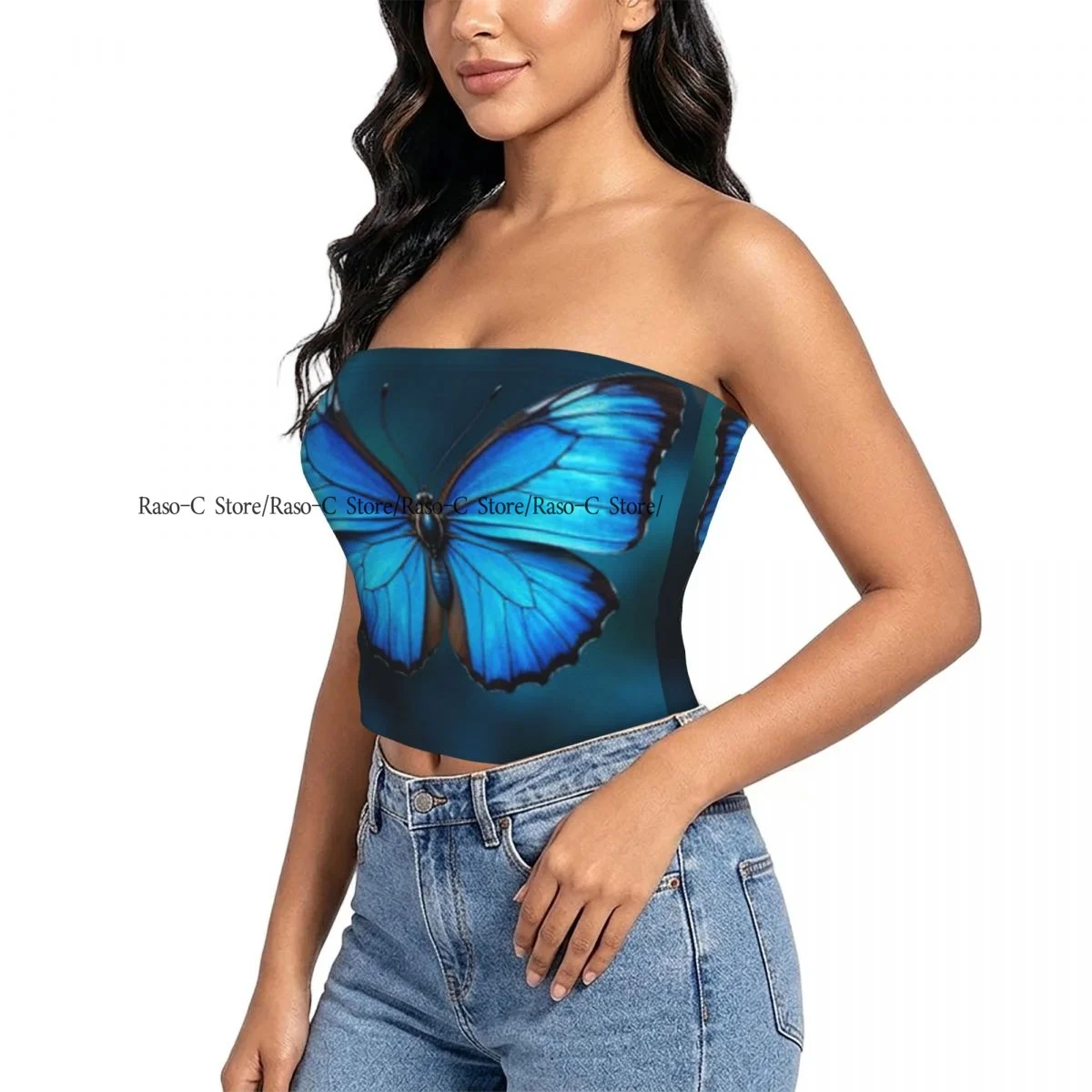 Women's strapless halter top Blue Morpho Butterfly With Wings summer sexy short-sleeved top