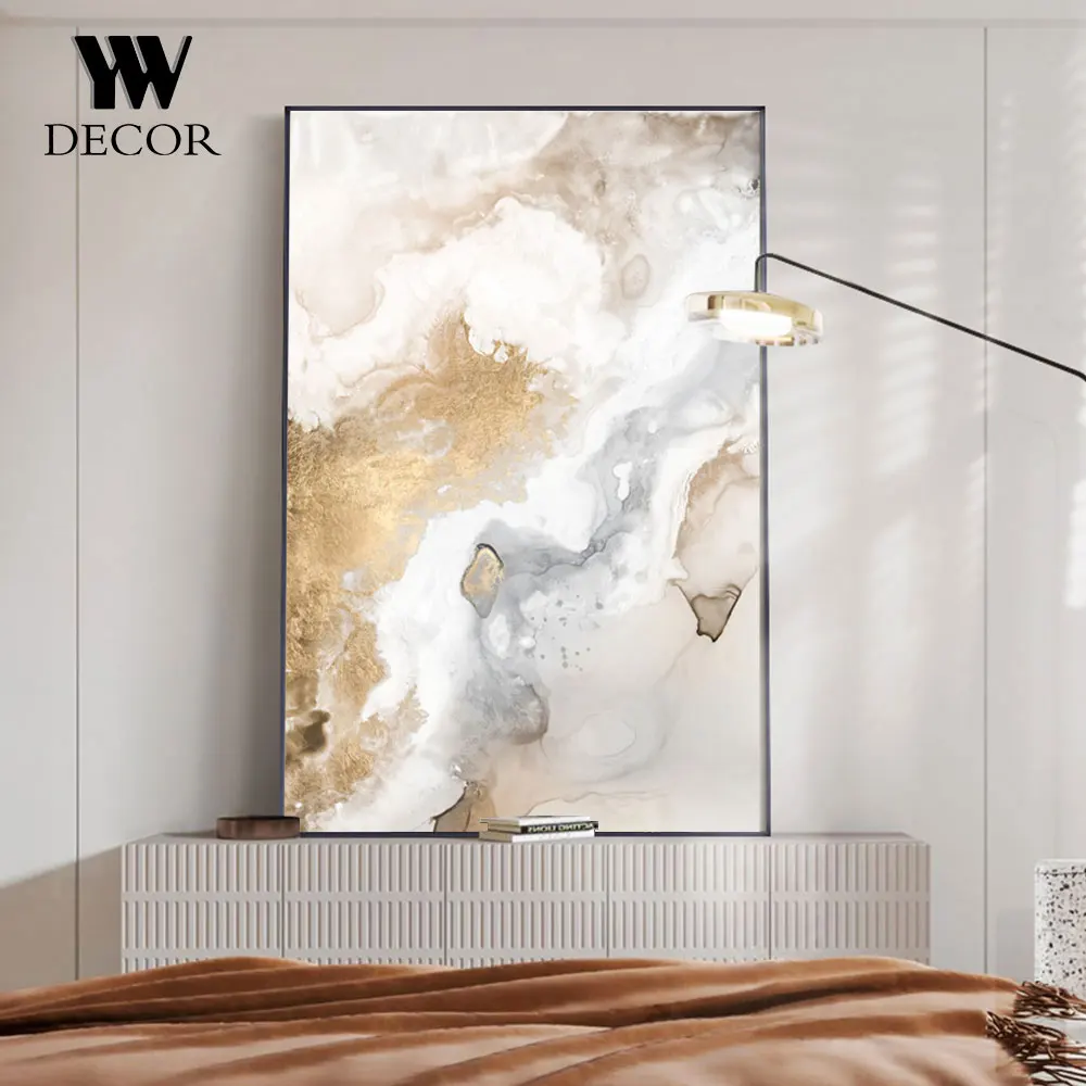 Abstract Beige Gold Marble Fluid Posters Custom Canvas Painting Wall Art Pictures For Living Room Decor