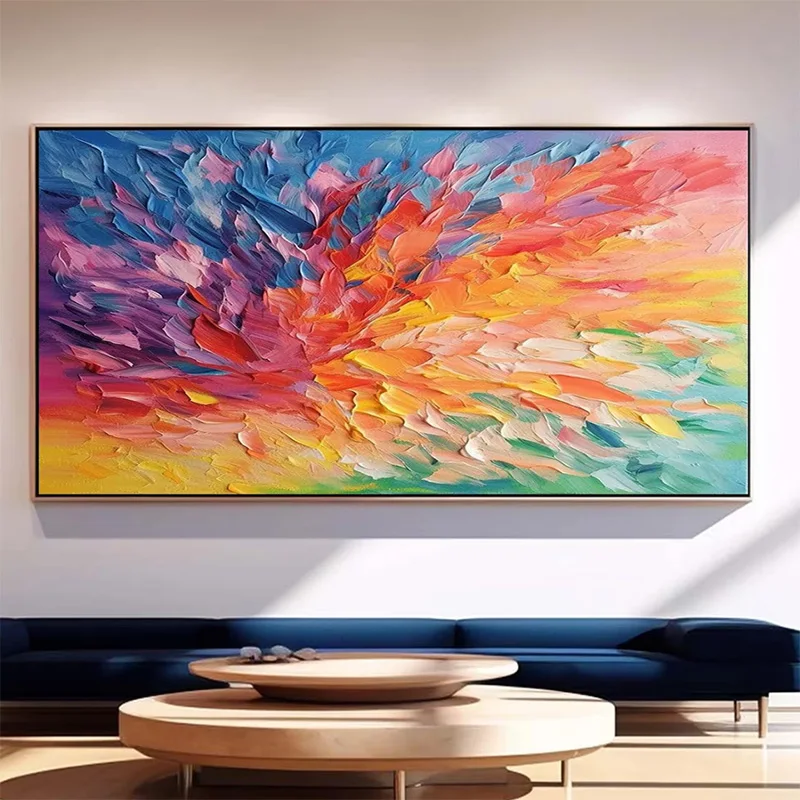 Large Blue Red Yellow Canvas Thick Artwork Handpainted New Special Design Dark Navy Blue Red Oil Painting For Home Wall Decor