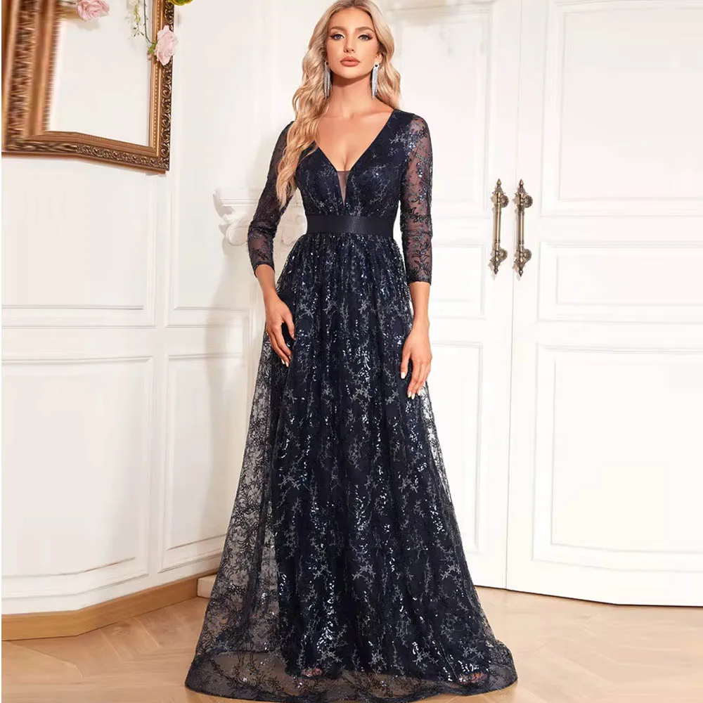 Robes mère de la mariée élégantes personnalisées, col en v, robe de soirée florale, longue de luxe pour femmes, manches longues, robes de fête de mariage