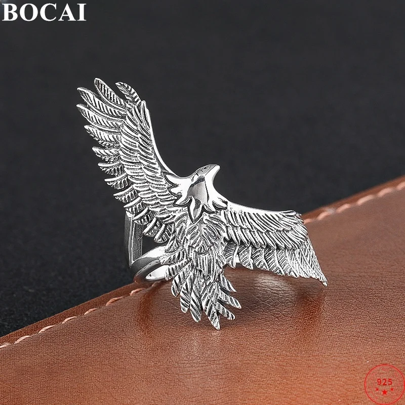 BOCAI S925 Sterling Silver Charms Rings for Men Creative 3D Emboss Flying Eagle New Fashion Punk Jewelry Free Shipping