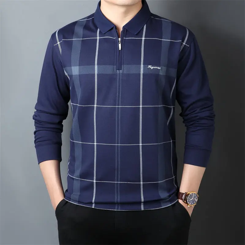 Spring Autumn New Polo Men's Long Sleeve Loose Relaxed Fashion Cotton Tee T-shirt Lapel Zipper Plaid Stripe Letter Contrast Tops