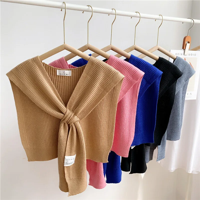 Solid Knitted Vest Cloak Shawls Scarves with Intersection Women Shirts Blouse Dress Cape Detachable Collars Shoulder Scarf Shawl