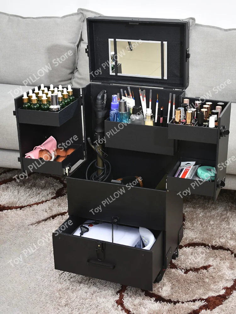 Large capacity trolley cosmetic case Professional multi-layer tattoo embroidery nail art toolbox with lock Black makeup