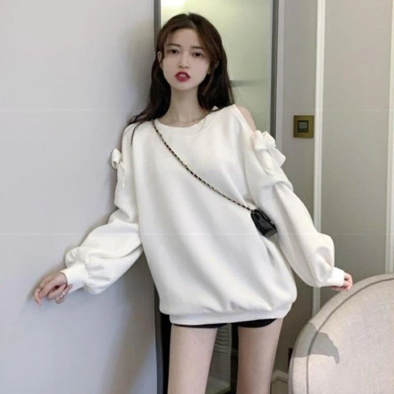

Summer New Loose Design All-match Classic Aesthetic Tender Leisure Lovely Sweatshirts Women Bow Off Shoulder Trendy Solid Tops