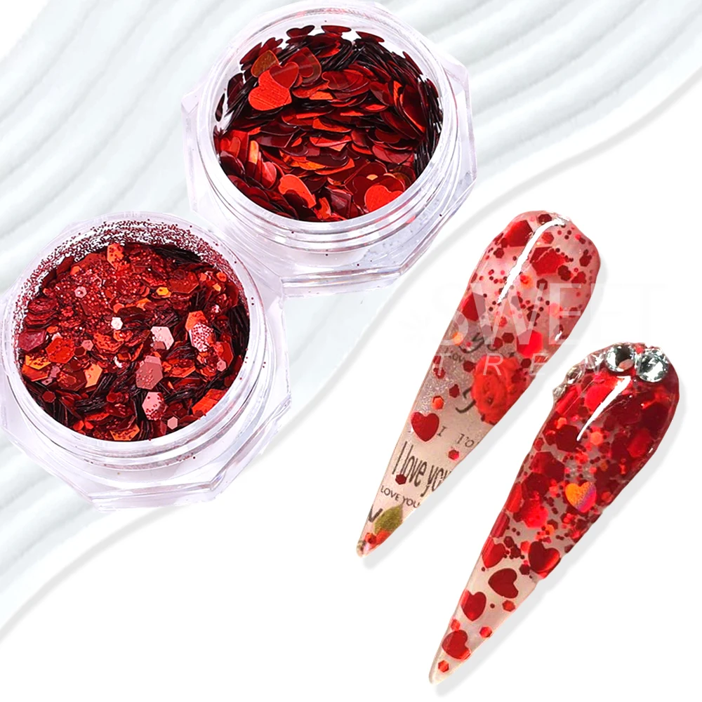 กลิตเตอร์ตกแต่งเล็บรูปหัวใจสีแดงสดใส 4/12 กล่อง/ชุด สำหรับทำเล็บ 3 มิติ ตกแต่งเล็บวันวาเลนไทน์