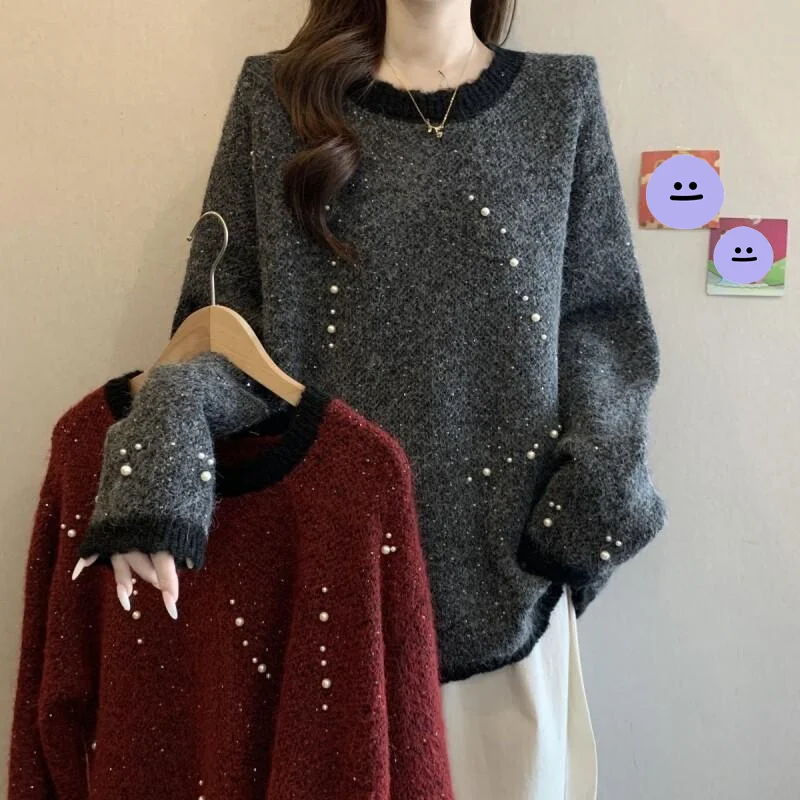 

Sweater Knitwear Women's Winter Big Size Women Korean Style Color Block Heavy Work Beaded Sequin Sweater Fat Sister