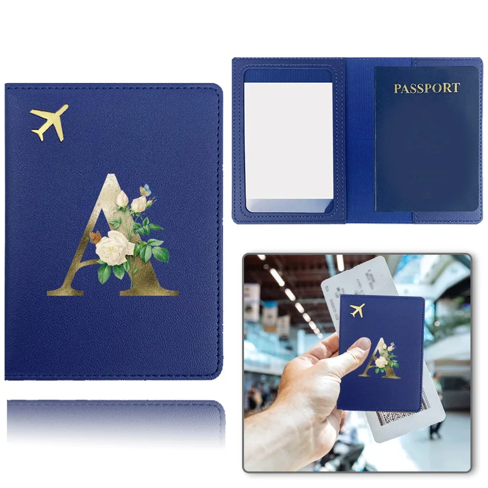 Passport Cover Airplane Pu Passport Case Pocket Business Passport Clip Bank Card Organizer Cover Golden Flower Letter Pattern