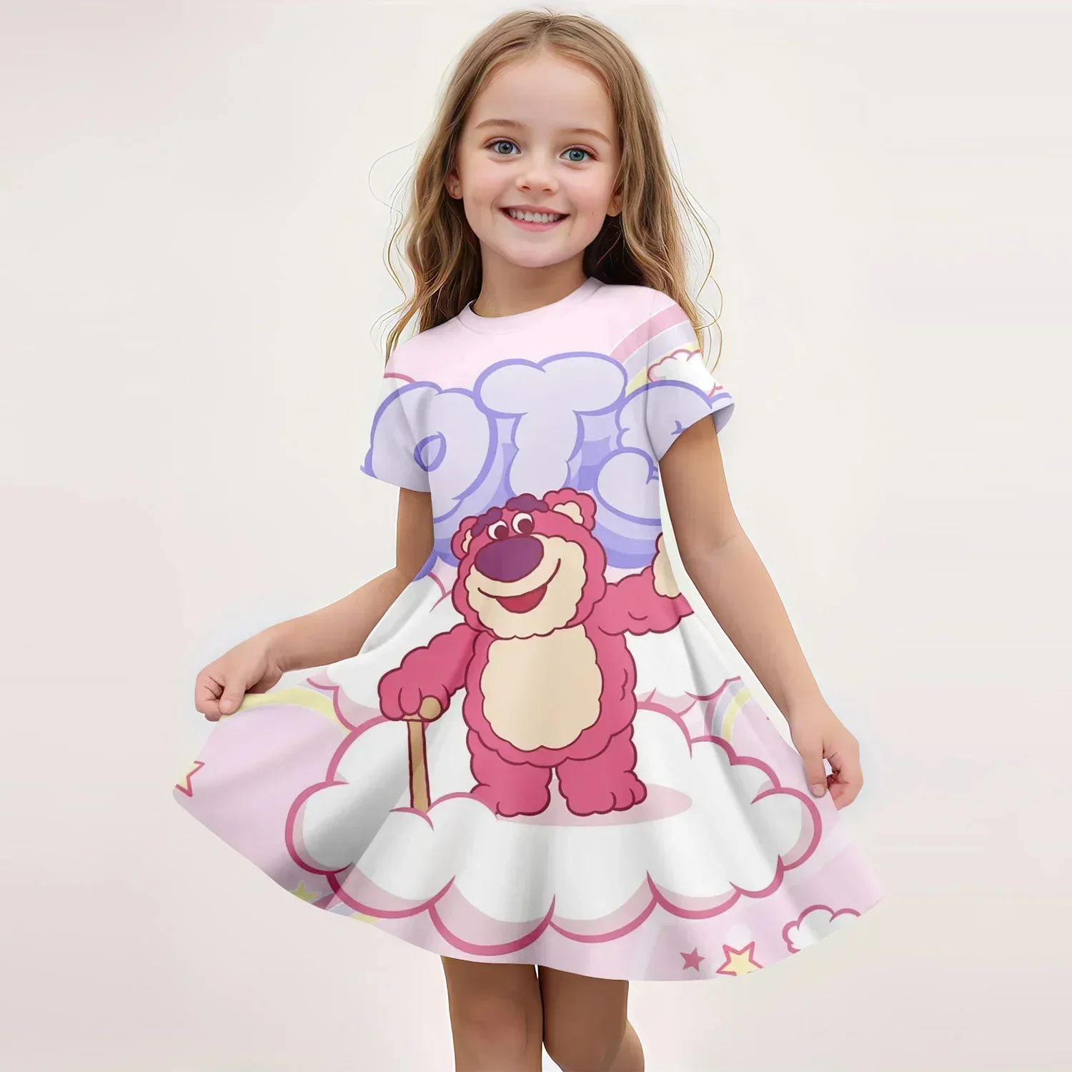 

2023 летняя одежда для девочек-подростков, платье с короткими рукавами и 3D принтом клубничного медведя, свободное и удобное праздничное платье, платье принцессы