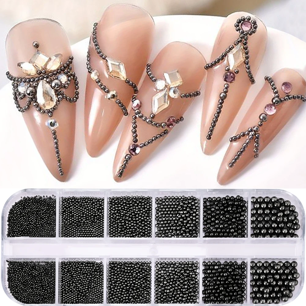 12 Gitter/Box Gold Kaviar Perlen Nagel Charms 3D Gemischte Größen Mini Runde Perlen Y2K Nagel Dekoration DIY Nail art Metall Teile Zubehör – Detail 5