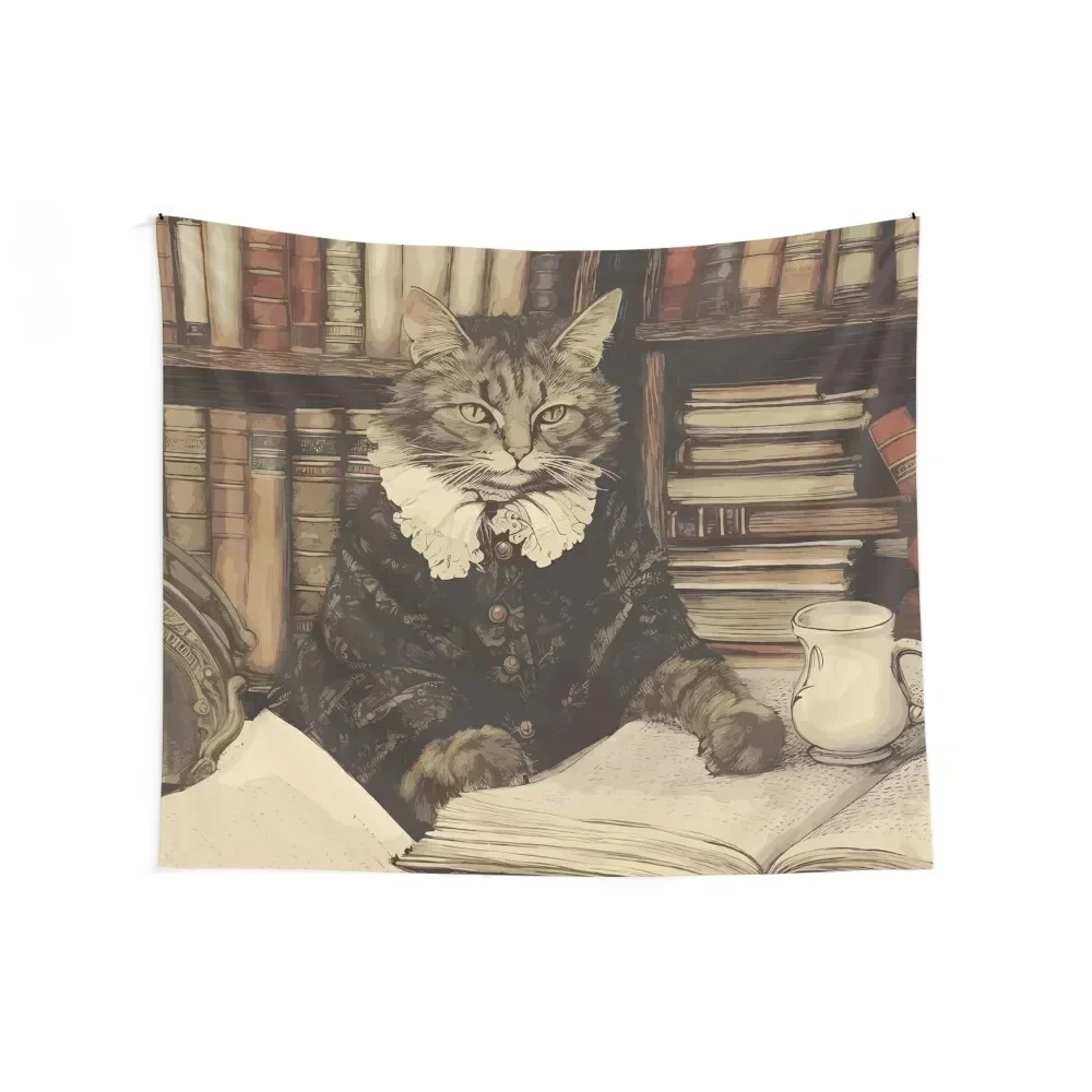 Librarian Cat Studying - Dark Academia Aesthetic Tapestry Bedroom Decoration Room Decorations House Decoration Tapestry