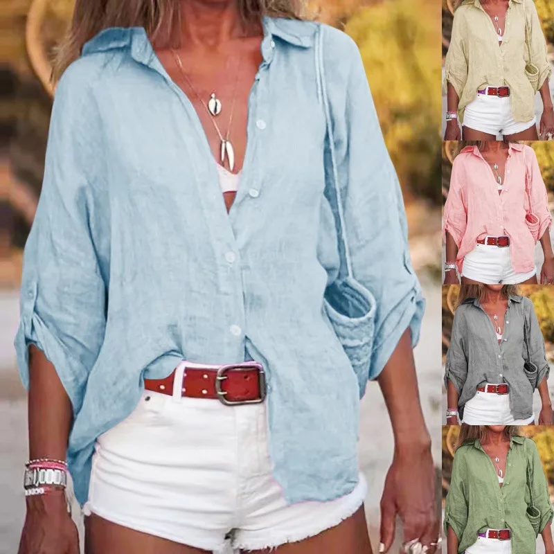

Cotton Linen Blouse Shirts Women Summer Solid Color Short Sleeve Buttons Cardigan Office Tops Vintage Streetwear Blusas Clothes