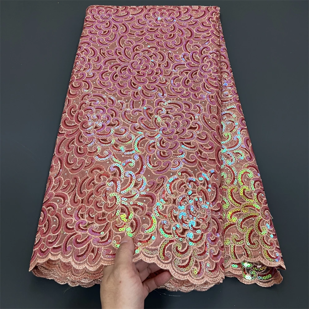 

High Quality,African Nigerian Sequins Embroidery Tulle Lace Fabric, Sewing Beads Stone Prom Dresses, 5Yards, 2025 PS0062