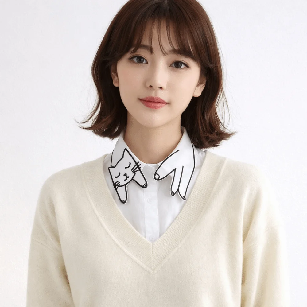 

Casual Cartoon Cat Fake Collar Cotton Short Sleeve Base Layer Top White Slim Detachable False Collar Versatile
