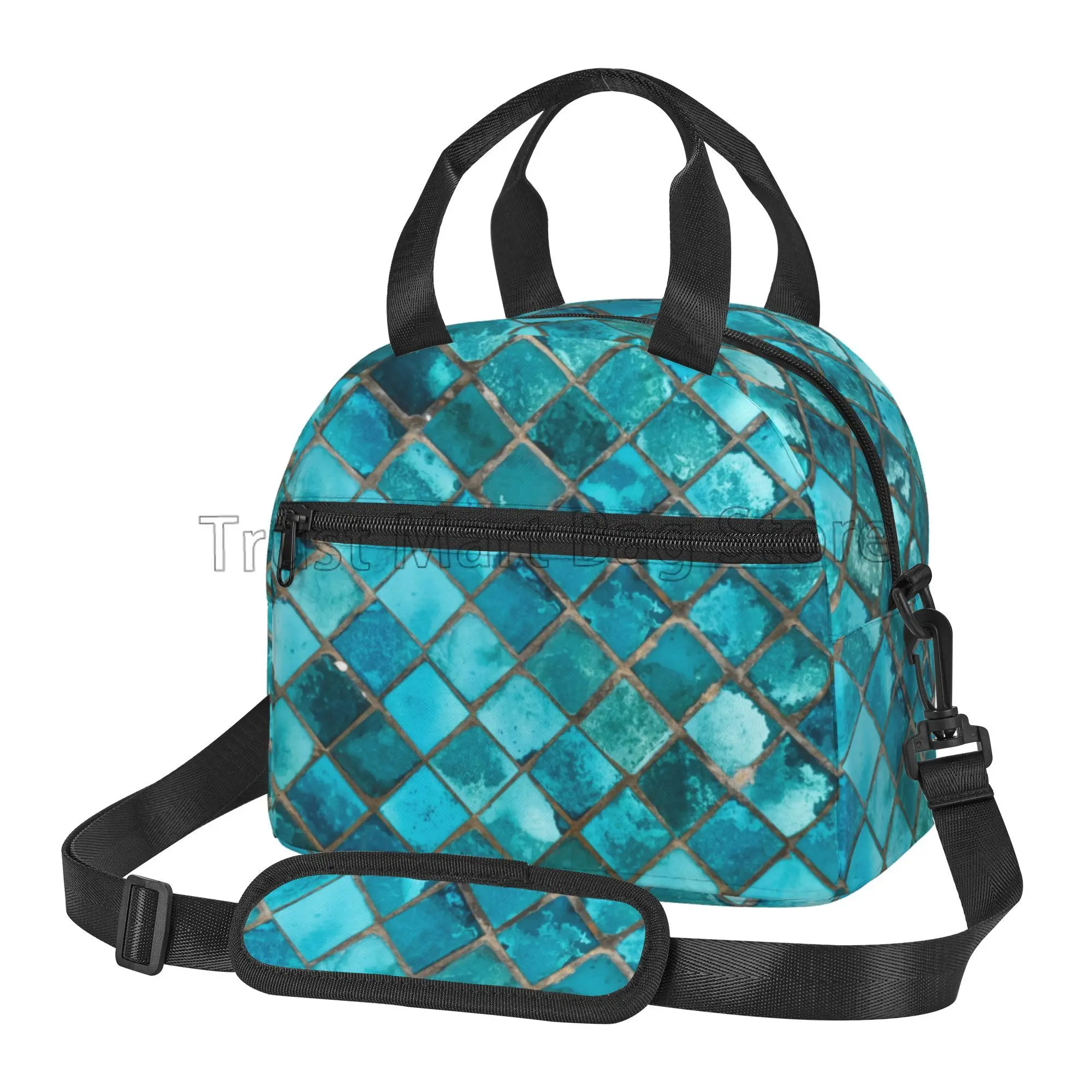 Abstract Turquoise Blue Teal Insulated Lunch Box Reusable Portable Thermal Cooler Bento Tote Bags with Adjustable Shoulder Strap