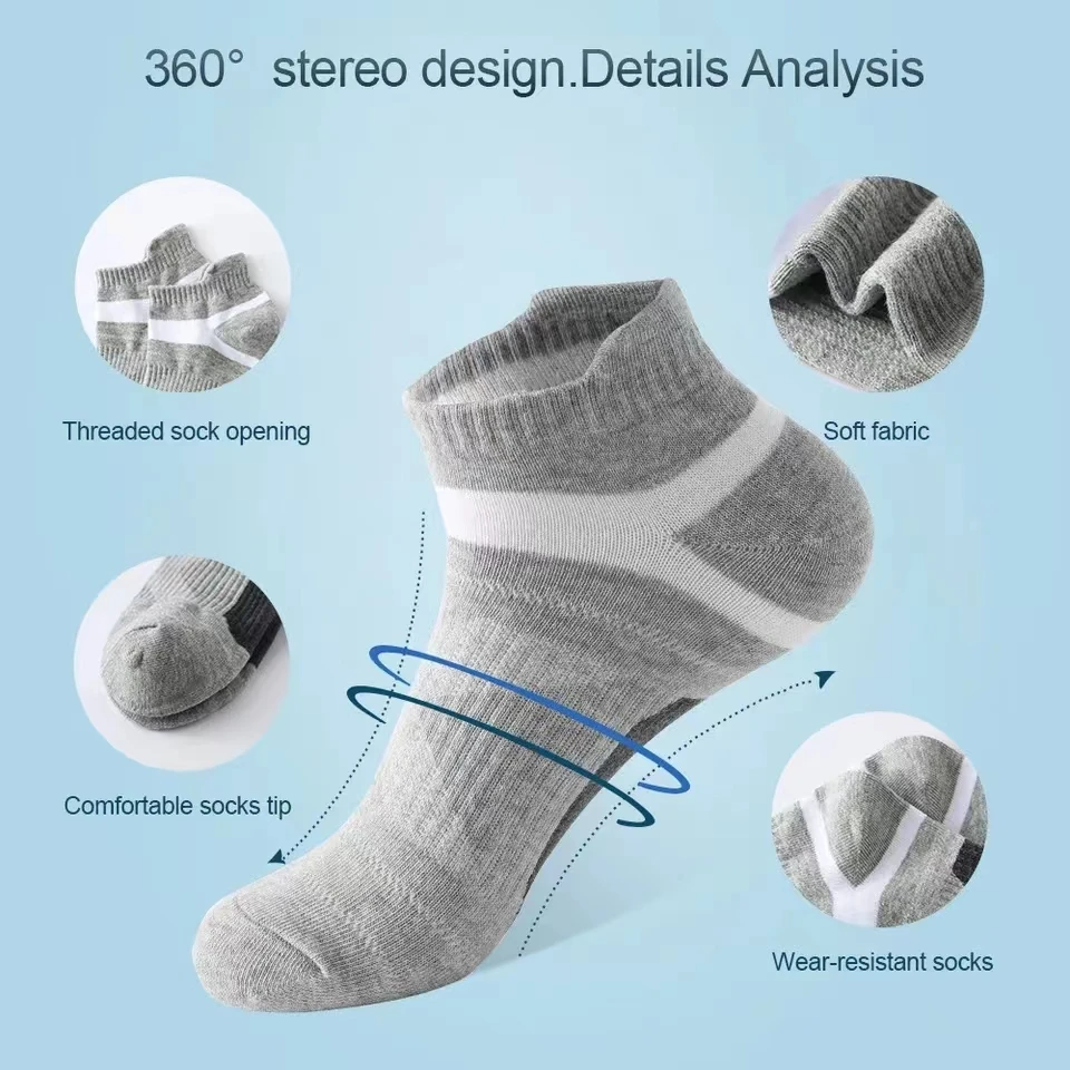 5 Paar hochwertige Socken für Herren, Sommer, Outdoor, lässig, Baumwollsocken, kurze, atmungsaktive schwarze Söckchen, Laufen, Sportsocken, Größe 38–45 – Detail 8