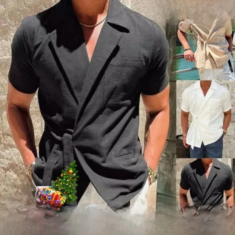 

Лето 2023, мужской облегающий льняной костюм irt ort Sve Wior с воротником на пуговицах, теплый, обычный, тонкий, чистый цвет для молодежи