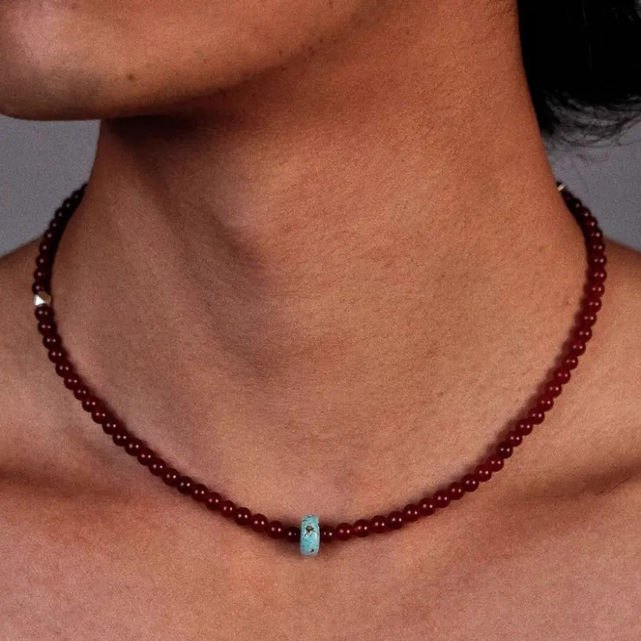 

Natural Red Agate Bead Necklace with Turquoise Accent Women's 925 Sterling Silver Clasp Jewelry